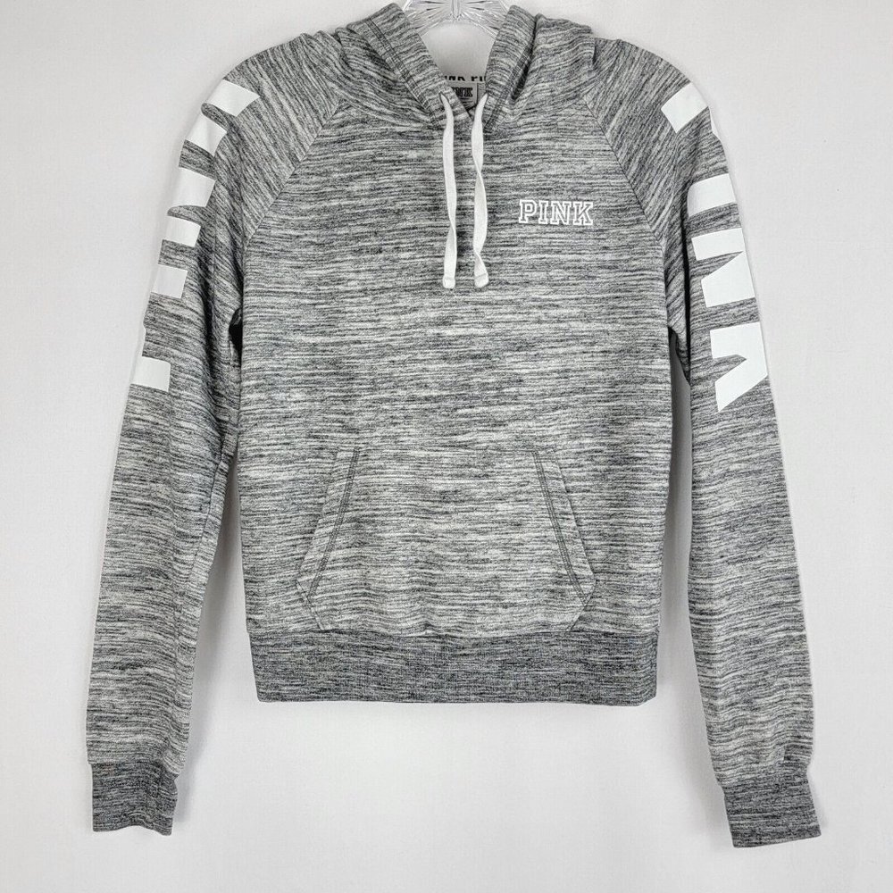 PINK Victorias Secret Womens Hoodie Pullover Size XS Heather Gray White Logo
